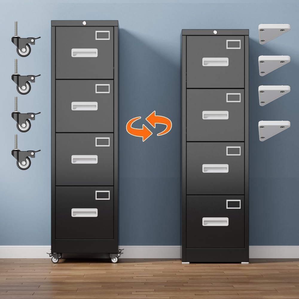 4 Drawer Black Metal File Cabinet with Lock and Wheels F638