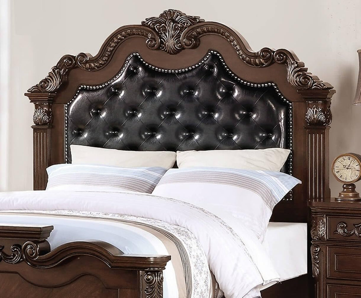 California King Faux Leather Tufted Cherry Wood Sleigh Bed Frame A852287