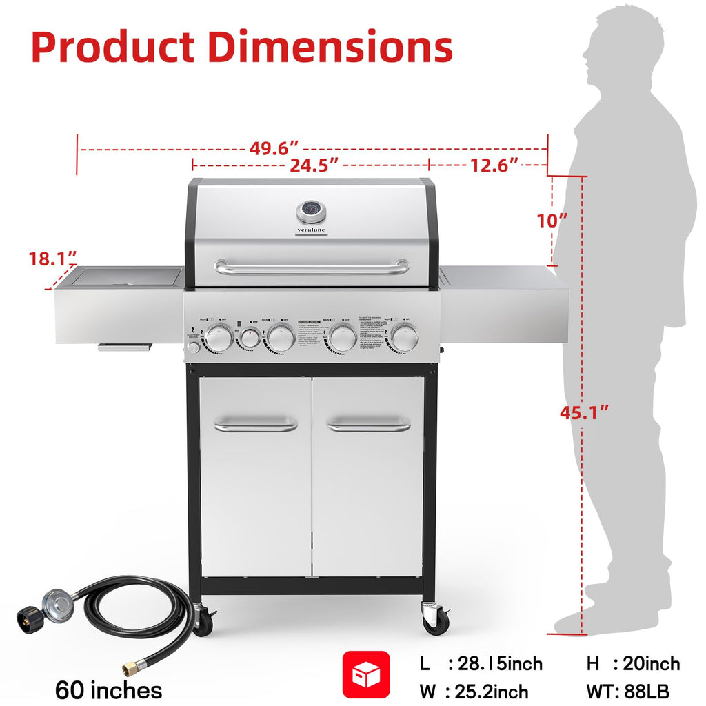 4 Burner Gas Grill with Side Burner and Wheels J792