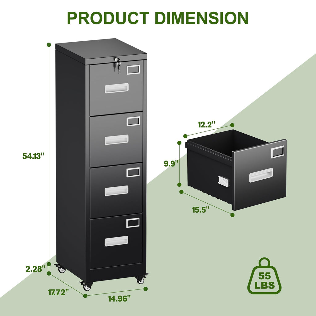 4 Drawer Black Metal File Cabinet with Lock and Wheels F638