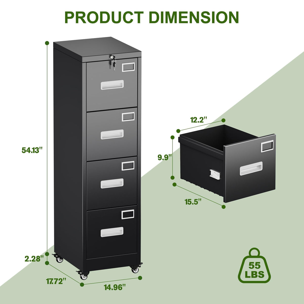 4 Drawer Black Metal File Cabinet with Lock and Wheels F638