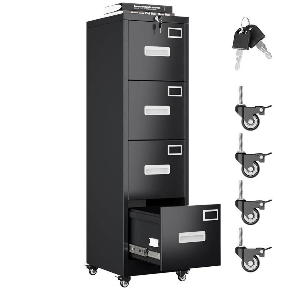 4 Drawer Black Metal File Cabinet with Lock and Wheels F638