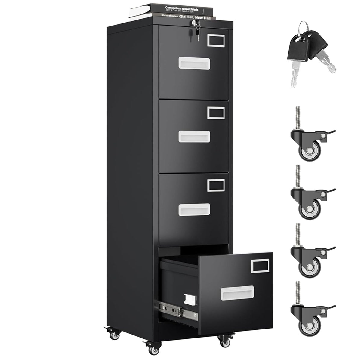 4 Drawer Black Metal File Cabinet with Lock and Wheels F638