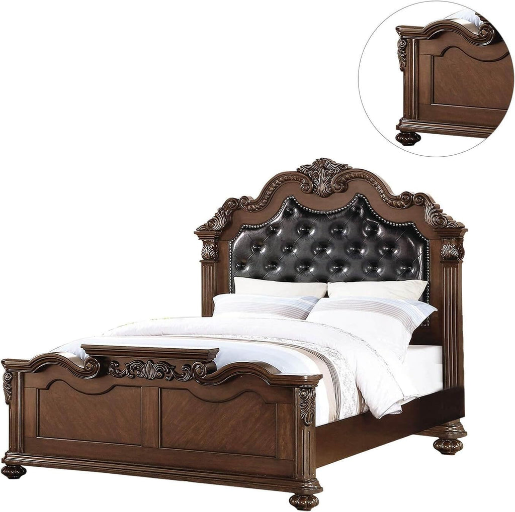California King Faux Leather Tufted Cherry Wood Sleigh Bed Frame A852287