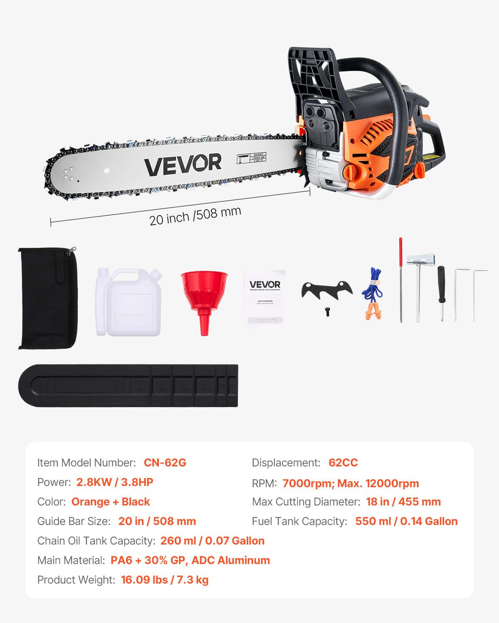 20 Inch 62CC Gas Powered Chainsaw N295