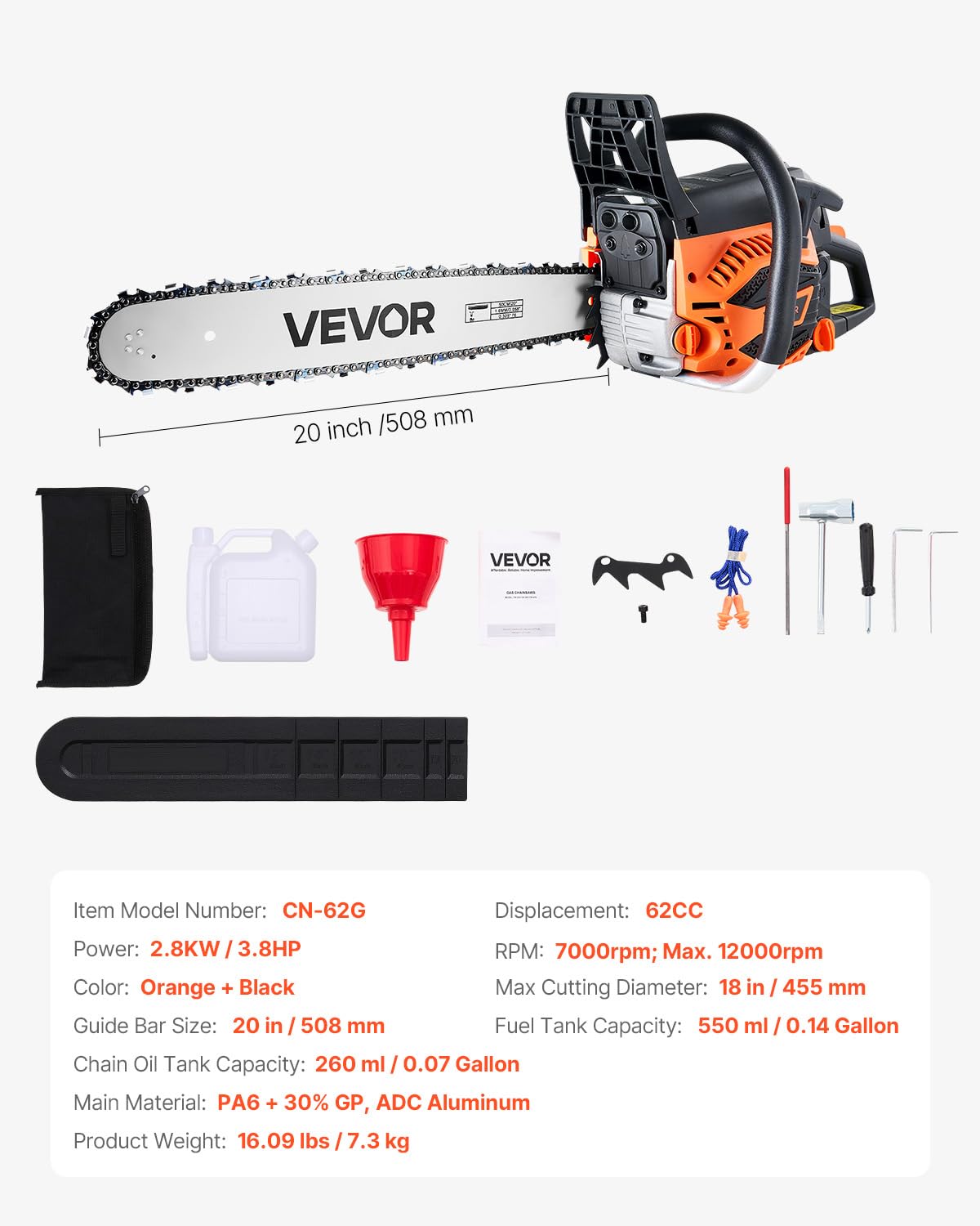 20 Inch 62CC Gas Powered Chainsaw N295