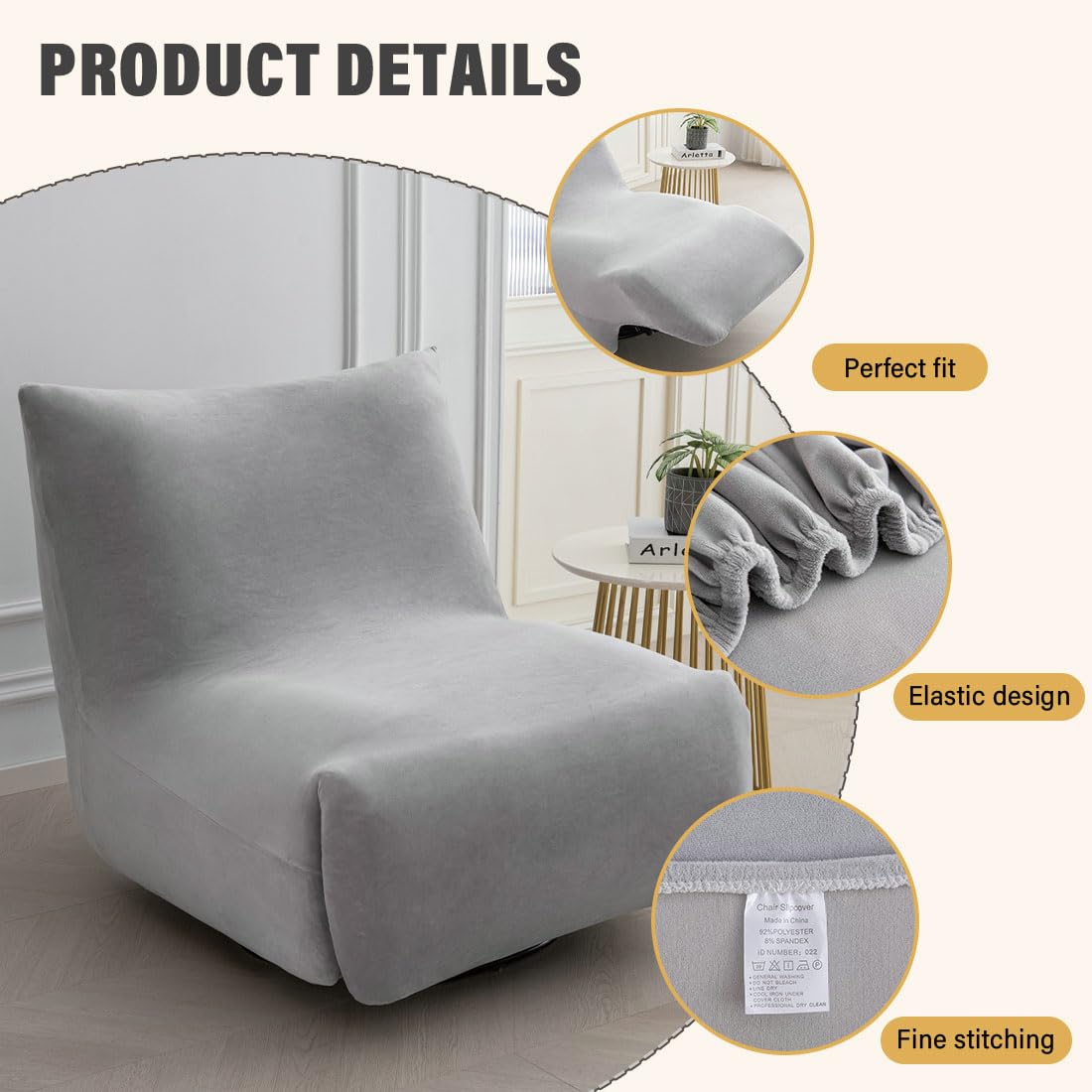 Light Gray Velvet Oversized Recliner Chair Cover F7252