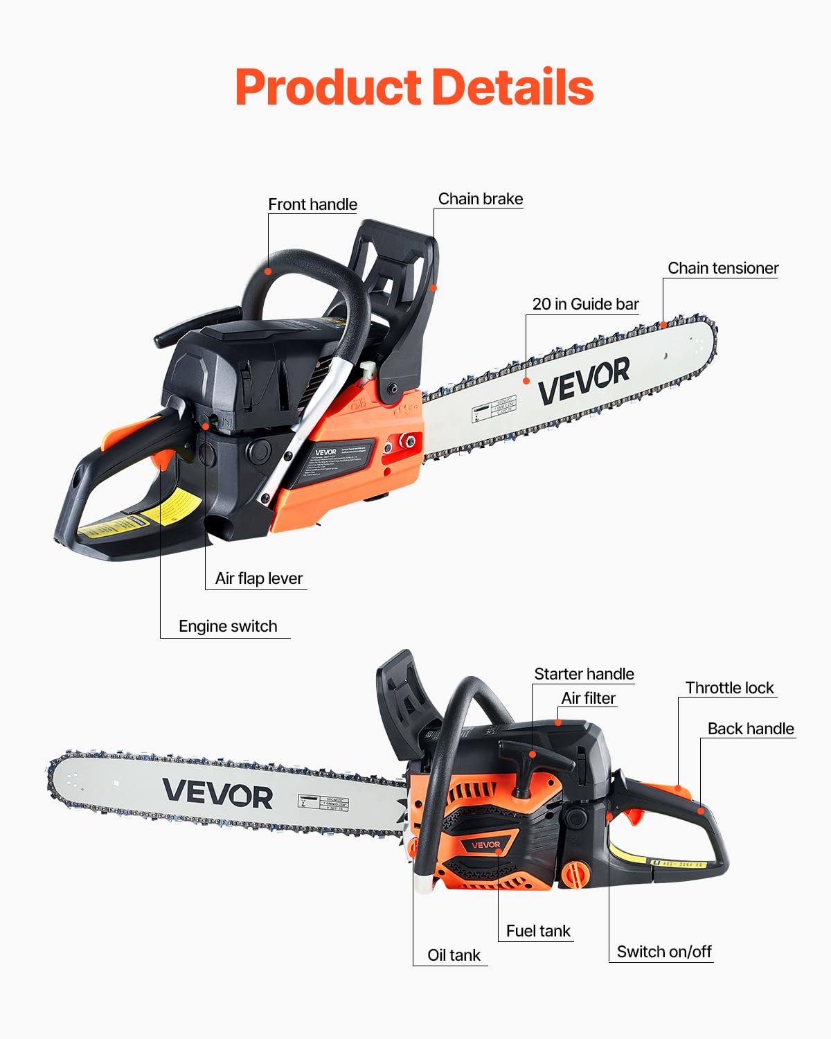 20 Inch 62CC Gas Powered Chainsaw N295
