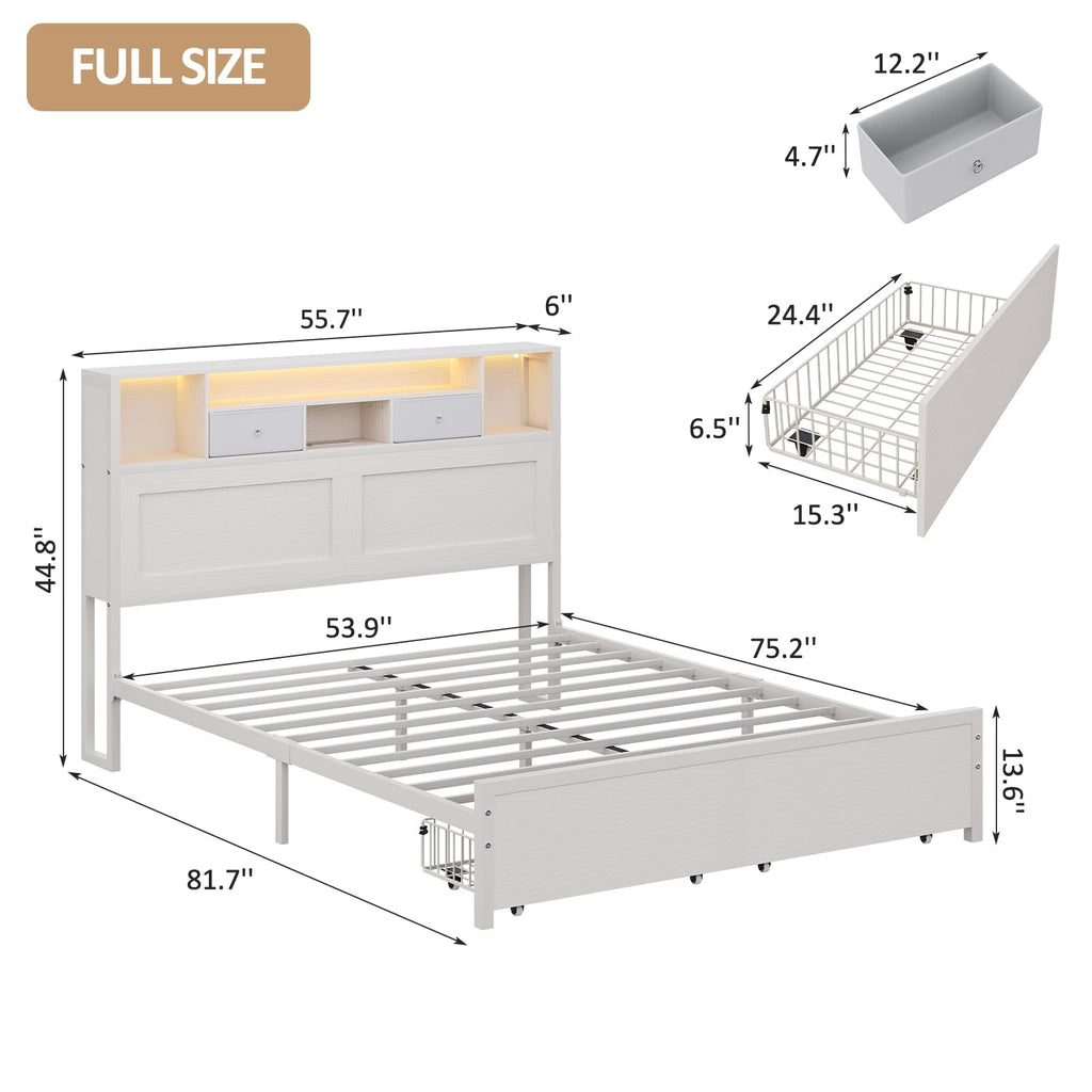 White Full Bed Frame with Storage Headboard and Drawers L6948