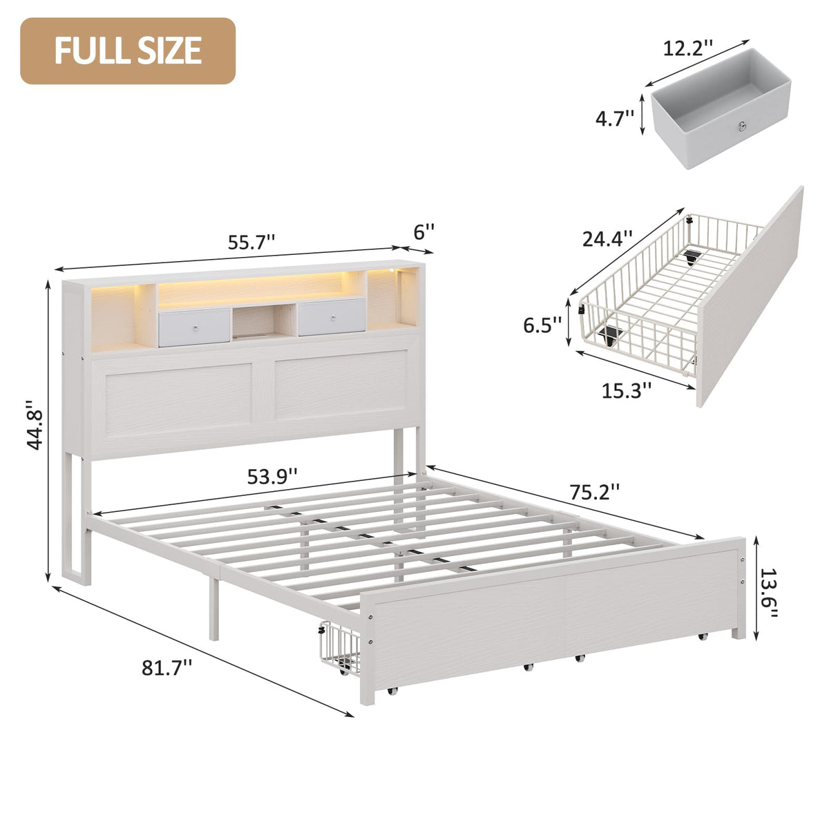 White Full Bed Frame with Storage Headboard and Drawers L6948