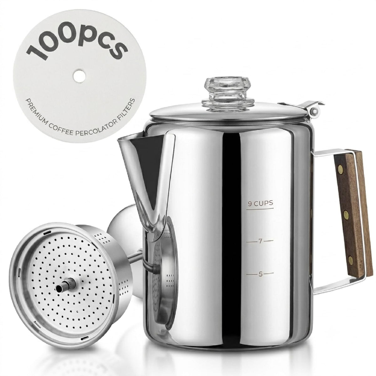 9 Cups Stainless Steel Coffee Percolator with 100pcs Coffee Filters U580