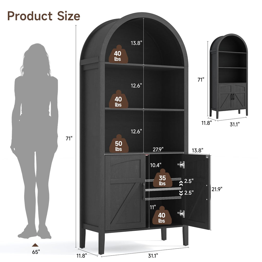 Black 5-Tier Arched Bookshelf with Door F1902