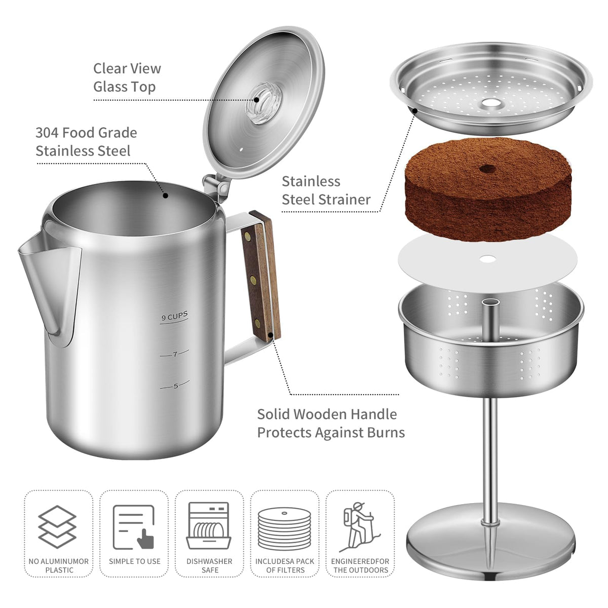 9 Cups Stainless Steel Coffee Percolator with 100pcs Coffee Filters U580