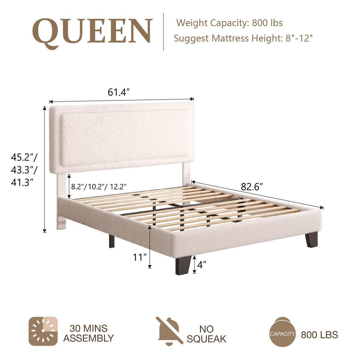White Queen Size Upholstered Platform Bed Frame with Adjustable Headboard B77280