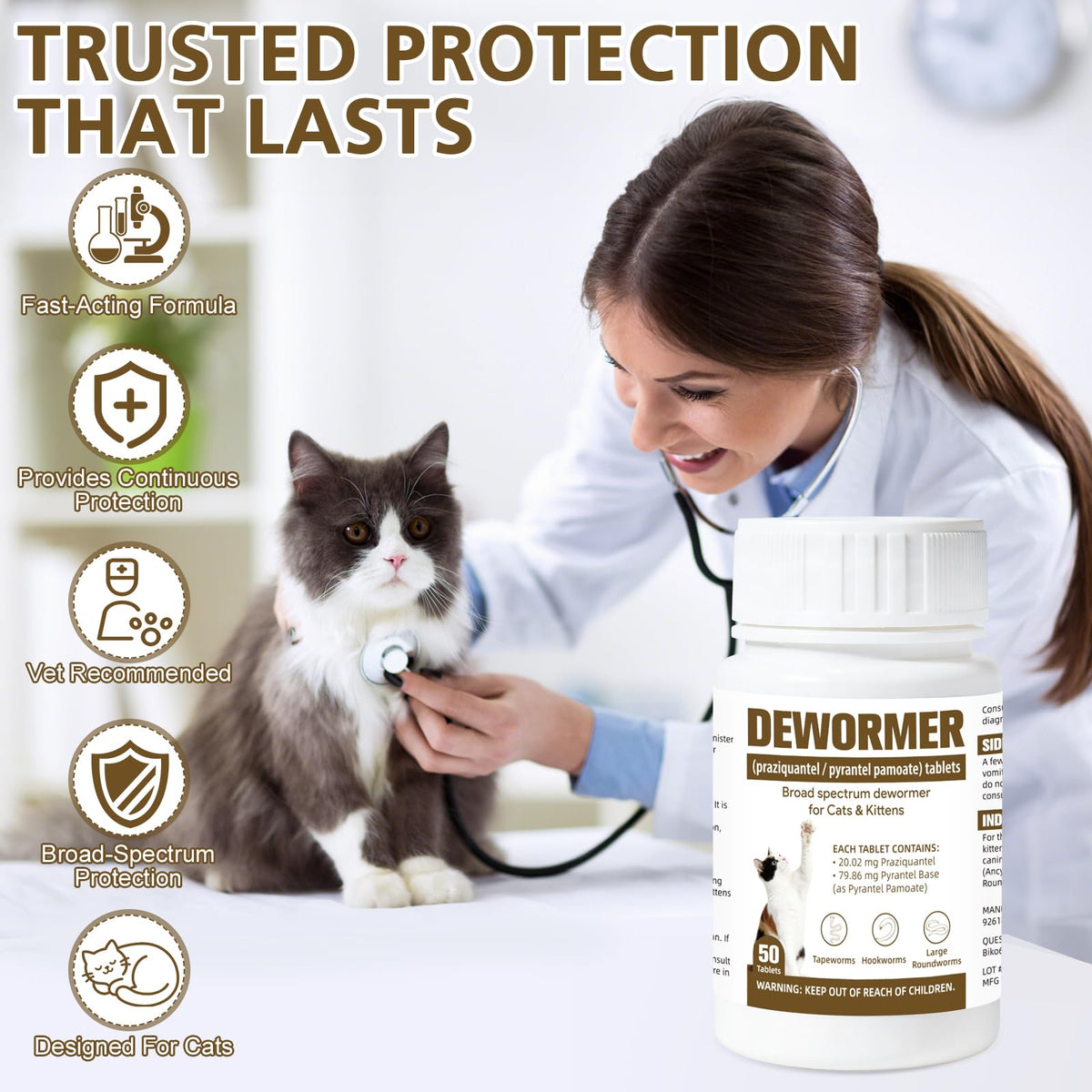 Broad-Spectrum Dewormer for Cats & Kittens, 50 Tablets Q908