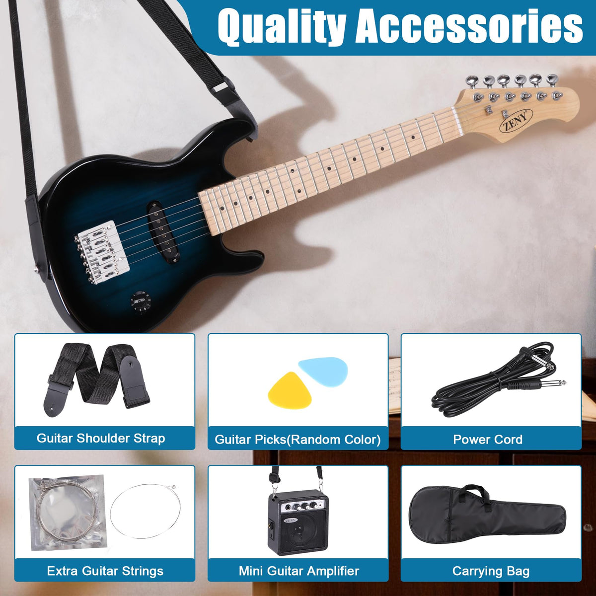 30 inch Kids Electric Guitar with 5w Amp, Gig Bag, Strap, Cable, Strings and Picks, Blue Z523346