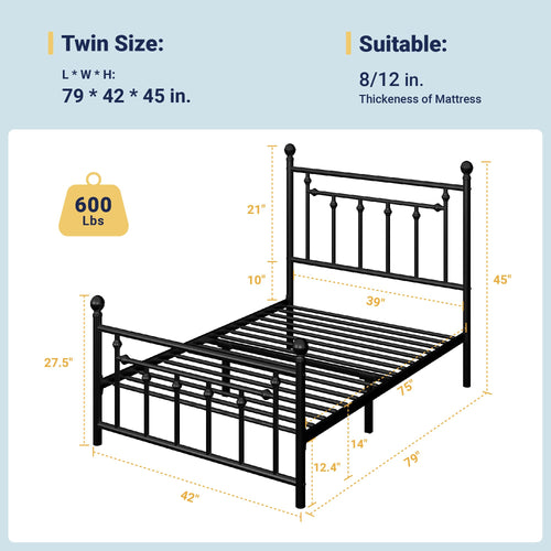 14'' Twin Size Black Metal Platform Bed Frame X769411