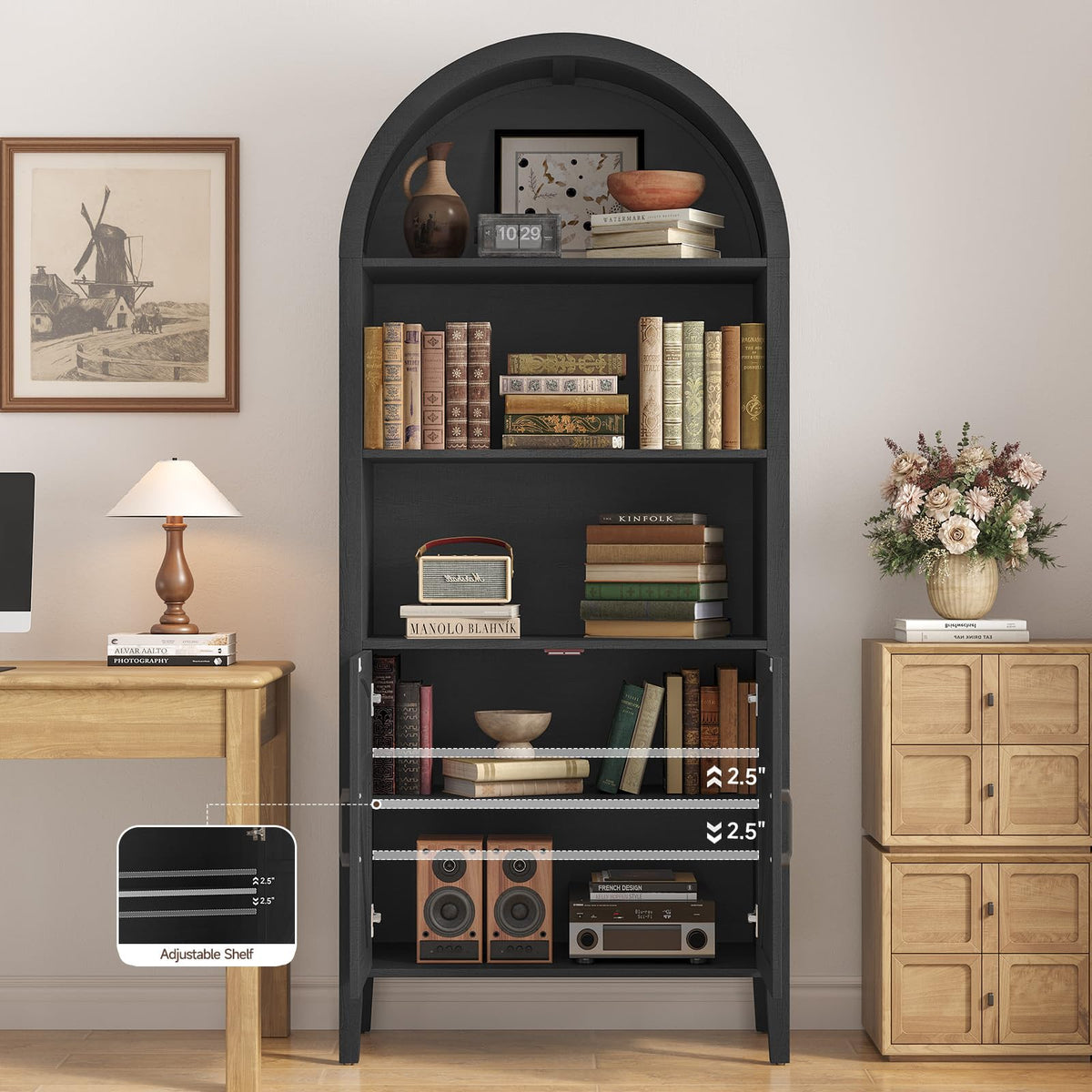 Black 5-Tier Arched Bookshelf with Door F1902