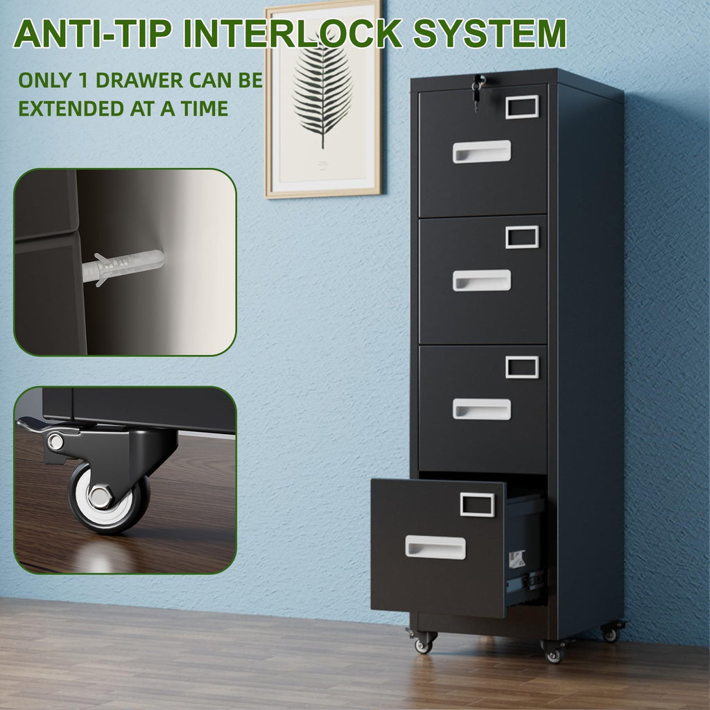 4 Drawer Black Metal File Cabinet with Lock and Wheels F638