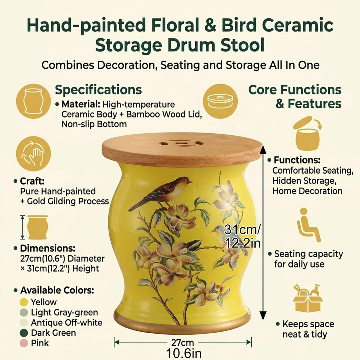 Glazed Hand-Painted Ceramic Drum Stool J3695