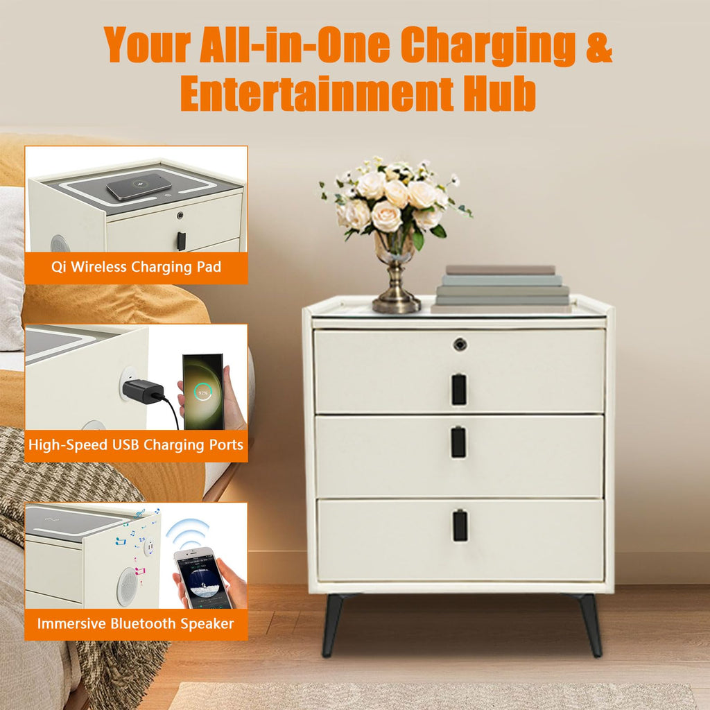 Beige White Smart LED Nightstand with USB Charging J9829