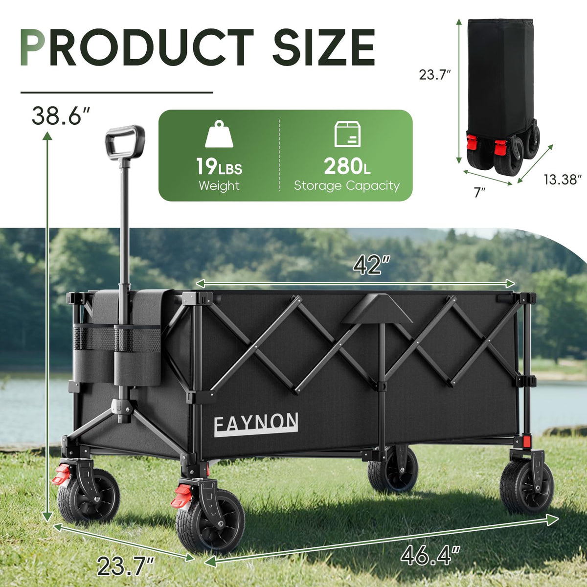 46" Collapsible Foldable Extended Wagon, 500LB Weight Capacity with 280L Heavy Duty Folding Cart, Black M119