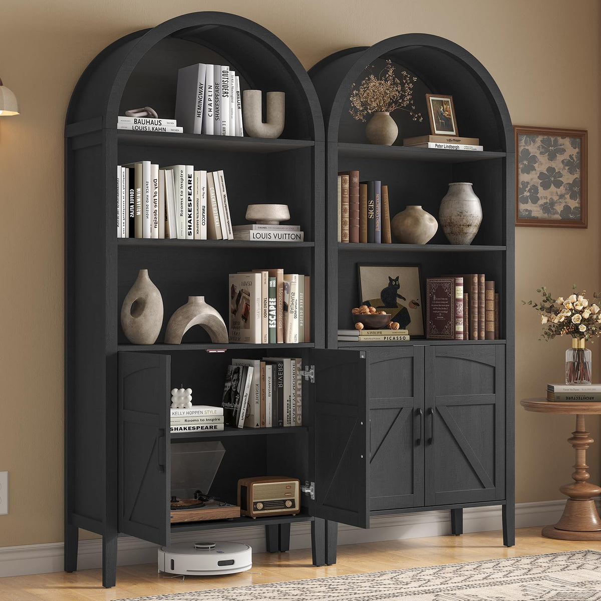 Black 5-Tier Arched Bookshelf with Door F1902