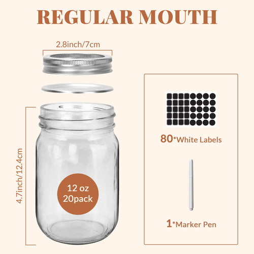 20 Pcs 12oz Glass Mason Jars With Lids F732