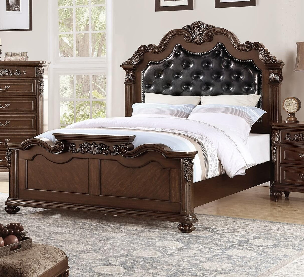California King Faux Leather Tufted Cherry Wood Sleigh Bed Frame A852287
