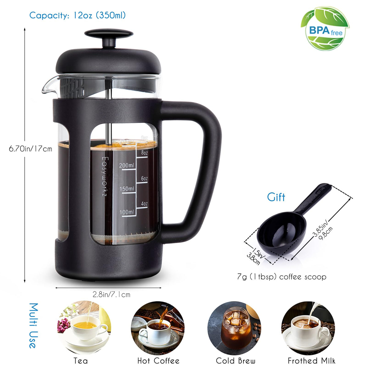 French Press and Gooseneck Pour Over Coffee Kettle 12 oz Stainless Steel Z6442