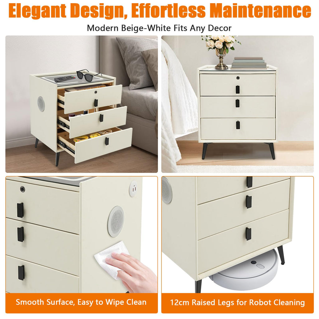 Beige White Smart LED Nightstand with USB Charging J9829