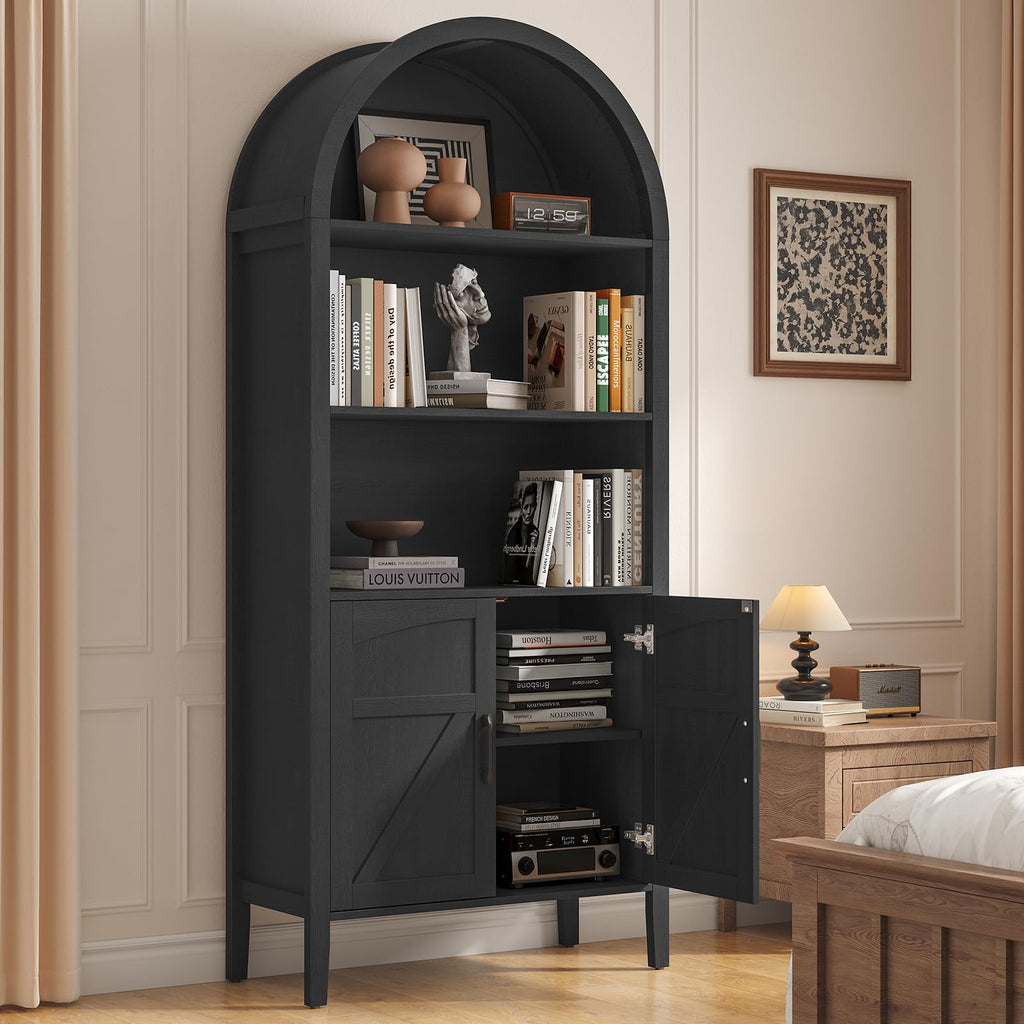 Black 5-Tier Arched Bookshelf with Door F1902