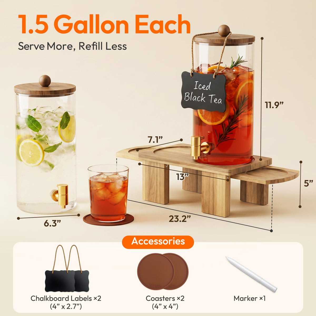 2 Pack 1.5 Gallon Drink Dispenser with Wood Stand C991078