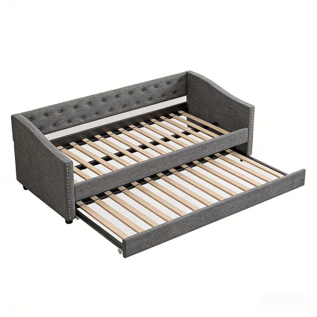 Twin Size Upholstered Daybed Frame with Trundle, Dark Grey D4218