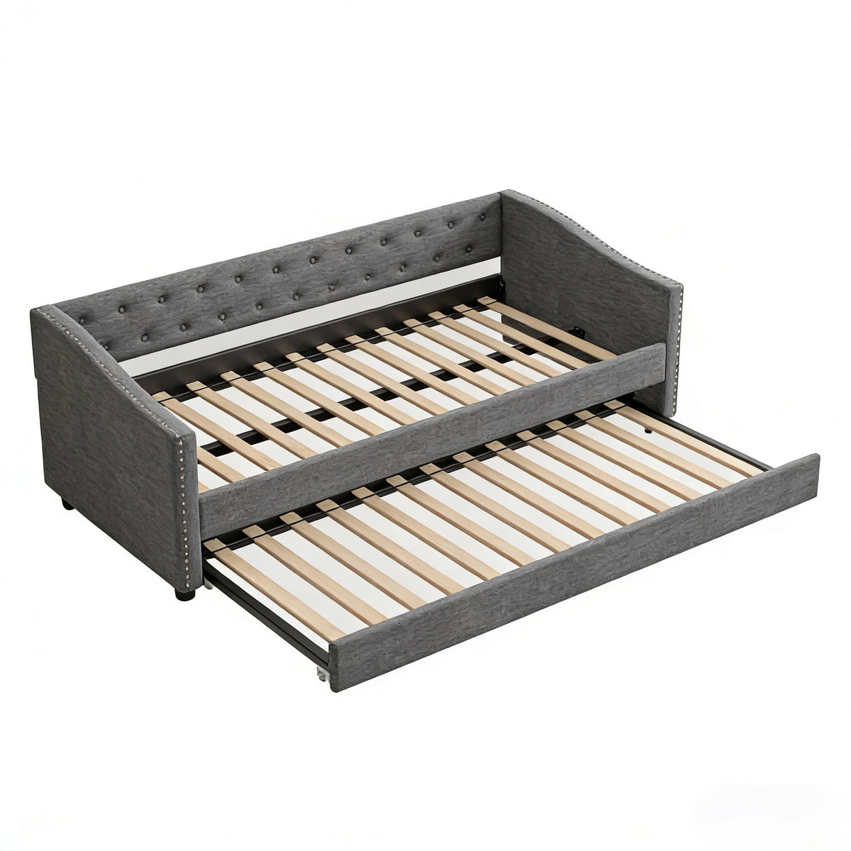 Twin Size Upholstered Daybed Frame with Trundle, Dark Grey D4218