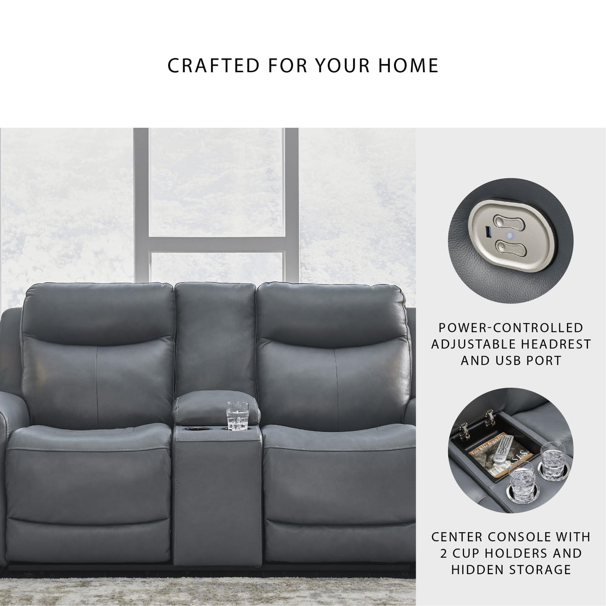 Gray Leather Match Power Reclining Loveseat with Console S235