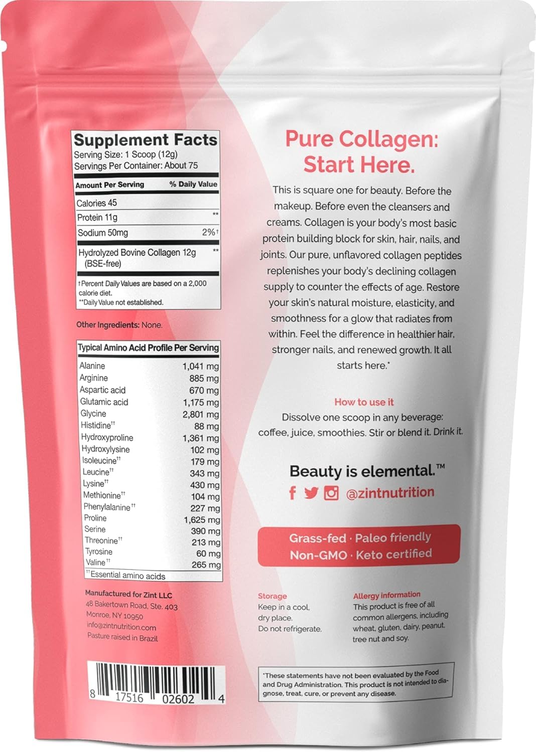 Grass-Fed Hydrolyzed Collagen Peptides Powder 32 oz Unflavored X935341