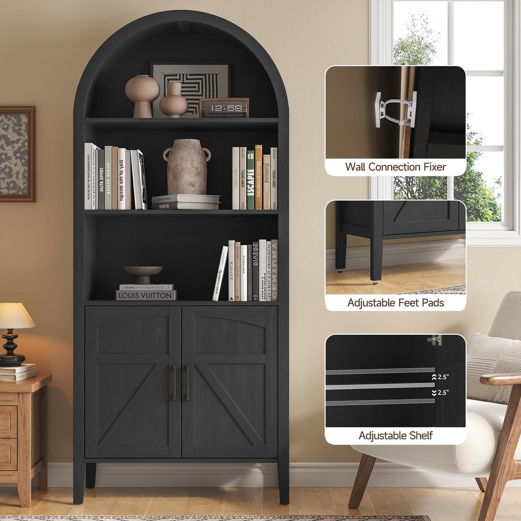 Black 5-Tier Arched Bookshelf with Door F1902