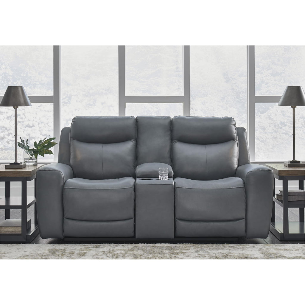 Gray Leather Match Power Reclining Loveseat with Console S235