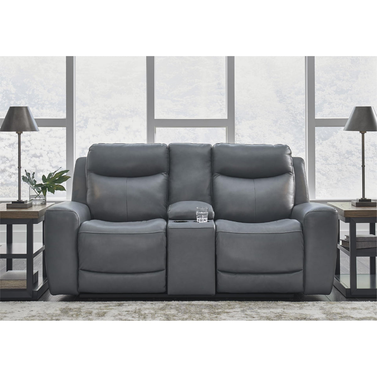 Gray Leather Match Power Reclining Loveseat with Console S235