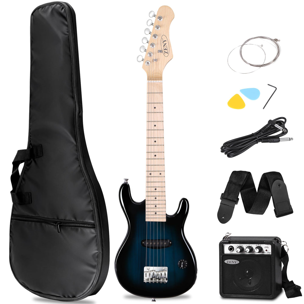 30 inch Kids Electric Guitar with 5w Amp, Gig Bag, Strap, Cable, Strings and Picks, Blue Z523346