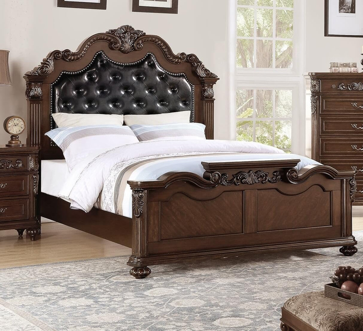 California King Faux Leather Tufted Cherry Wood Sleigh Bed Frame A852287