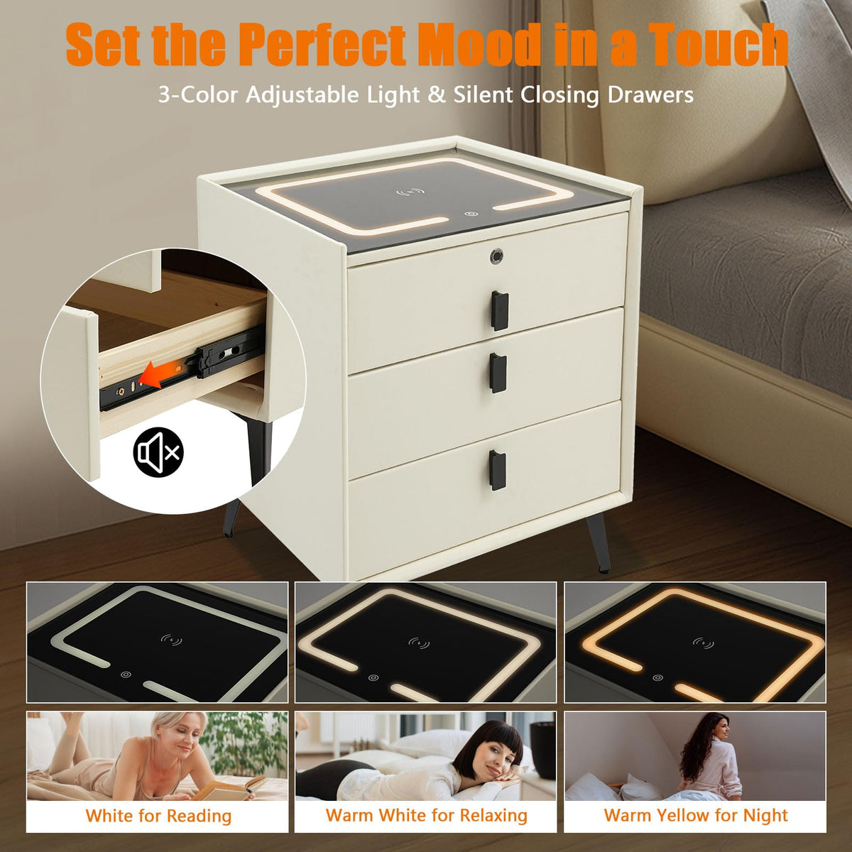 Beige White Smart LED Nightstand with USB Charging J9829