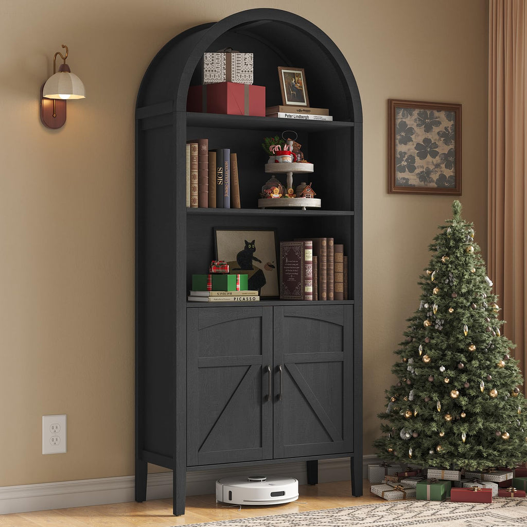 Black 5-Tier Arched Bookshelf with Door F1902