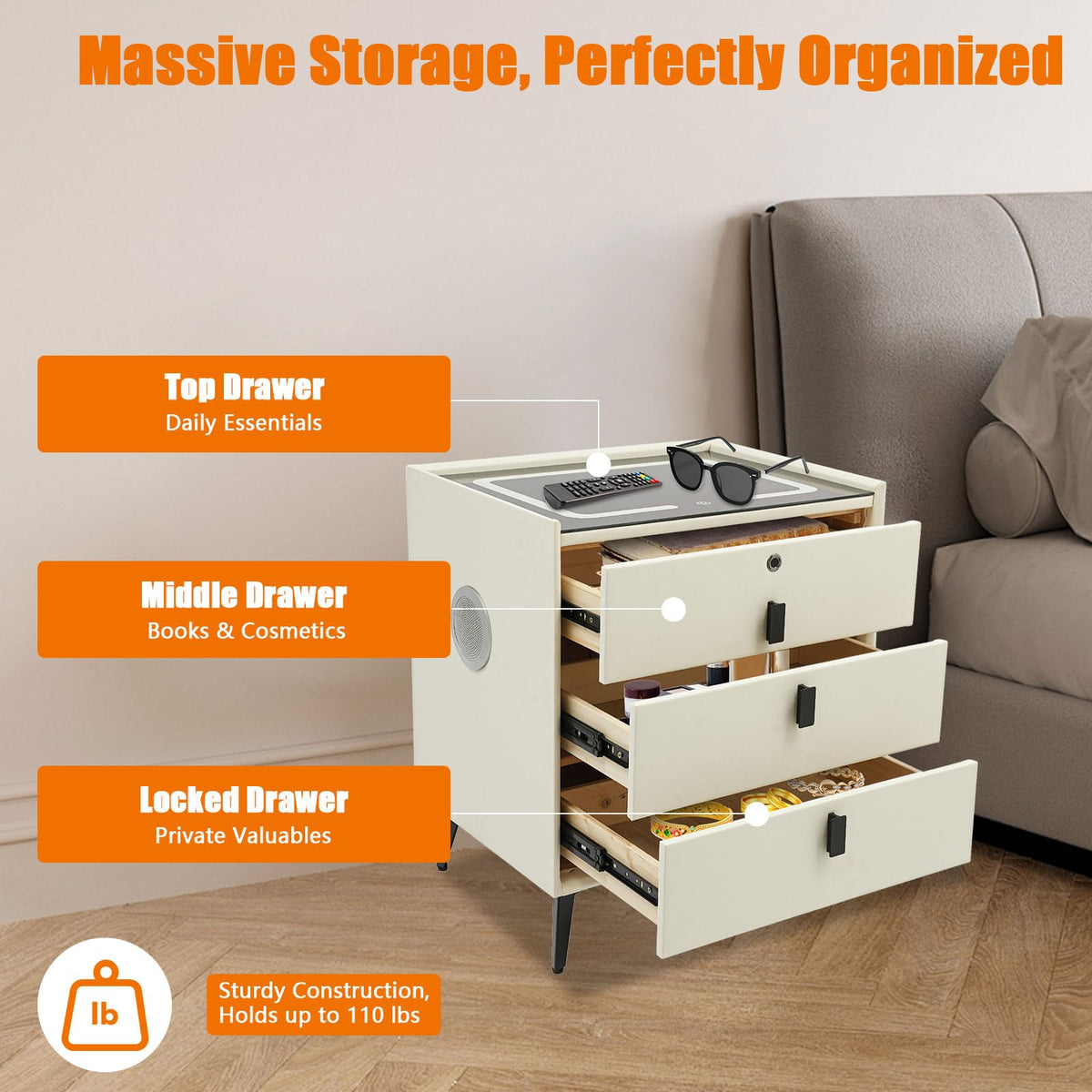 Beige White Smart LED Nightstand with USB Charging J9829