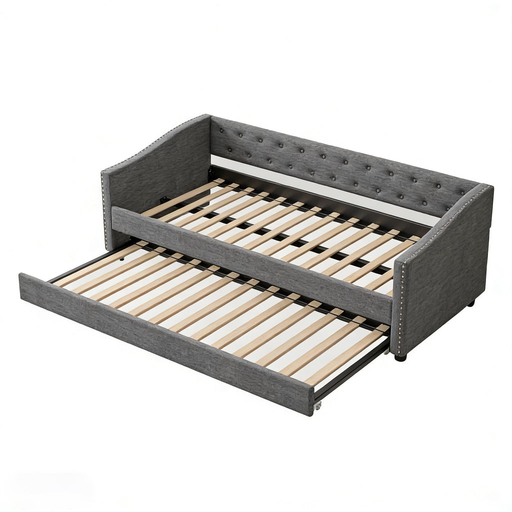 Twin Size Upholstered Daybed Frame with Trundle, Dark Grey D4218