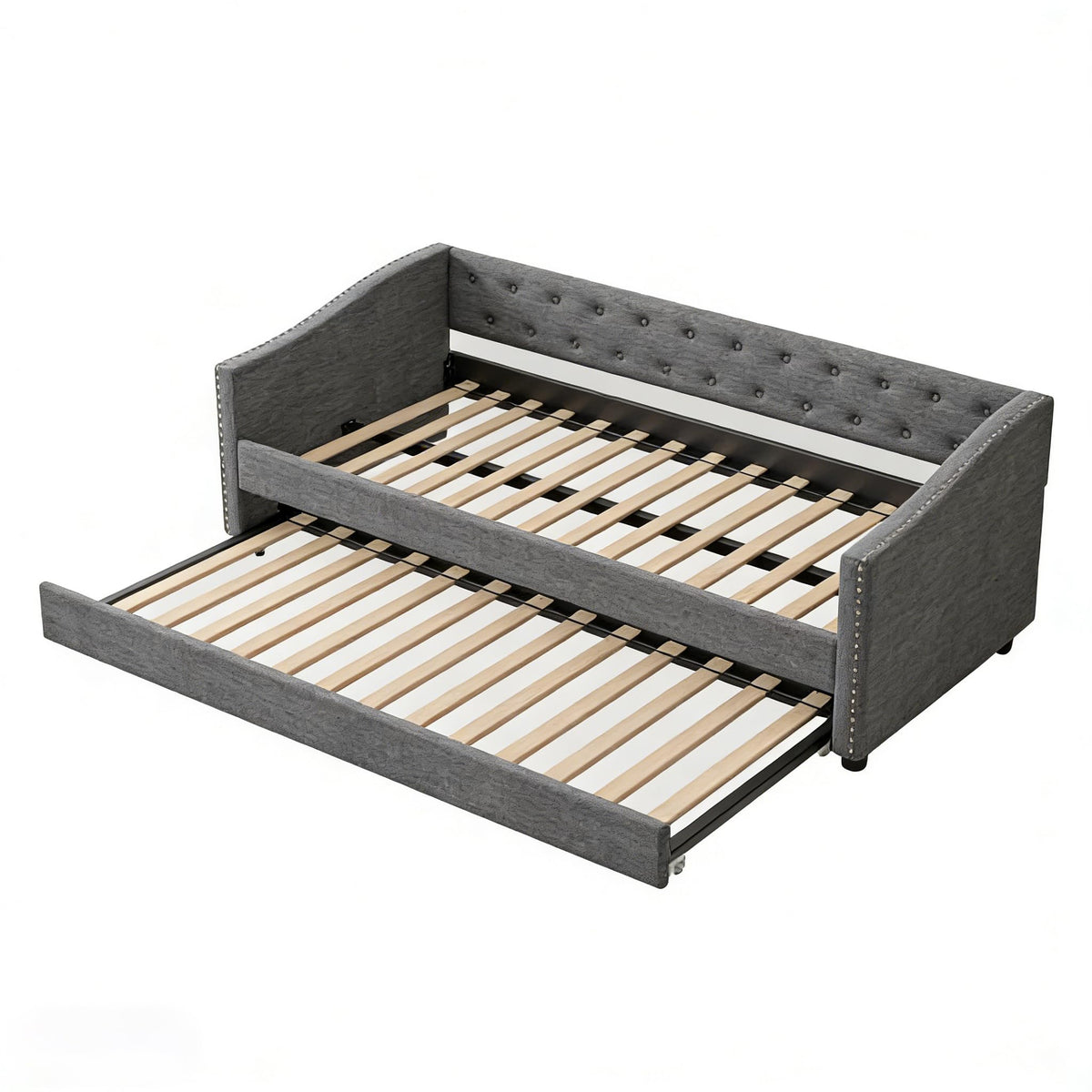 Twin Size Upholstered Daybed Frame with Trundle, Dark Grey D4218