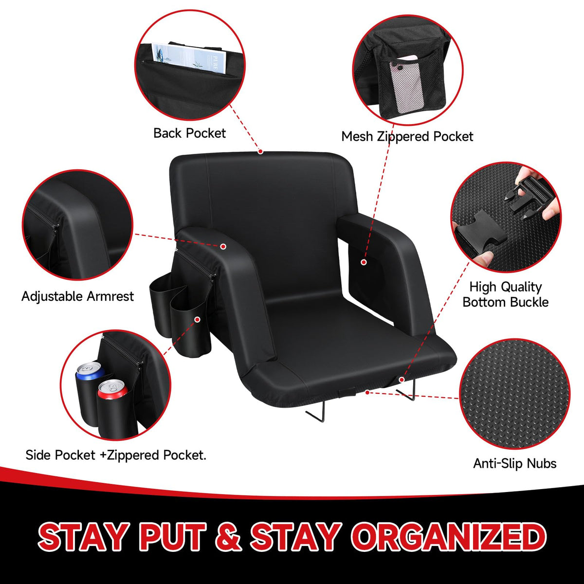 2 Pack Folding Stadium Seats with Back Support and Cushion G275