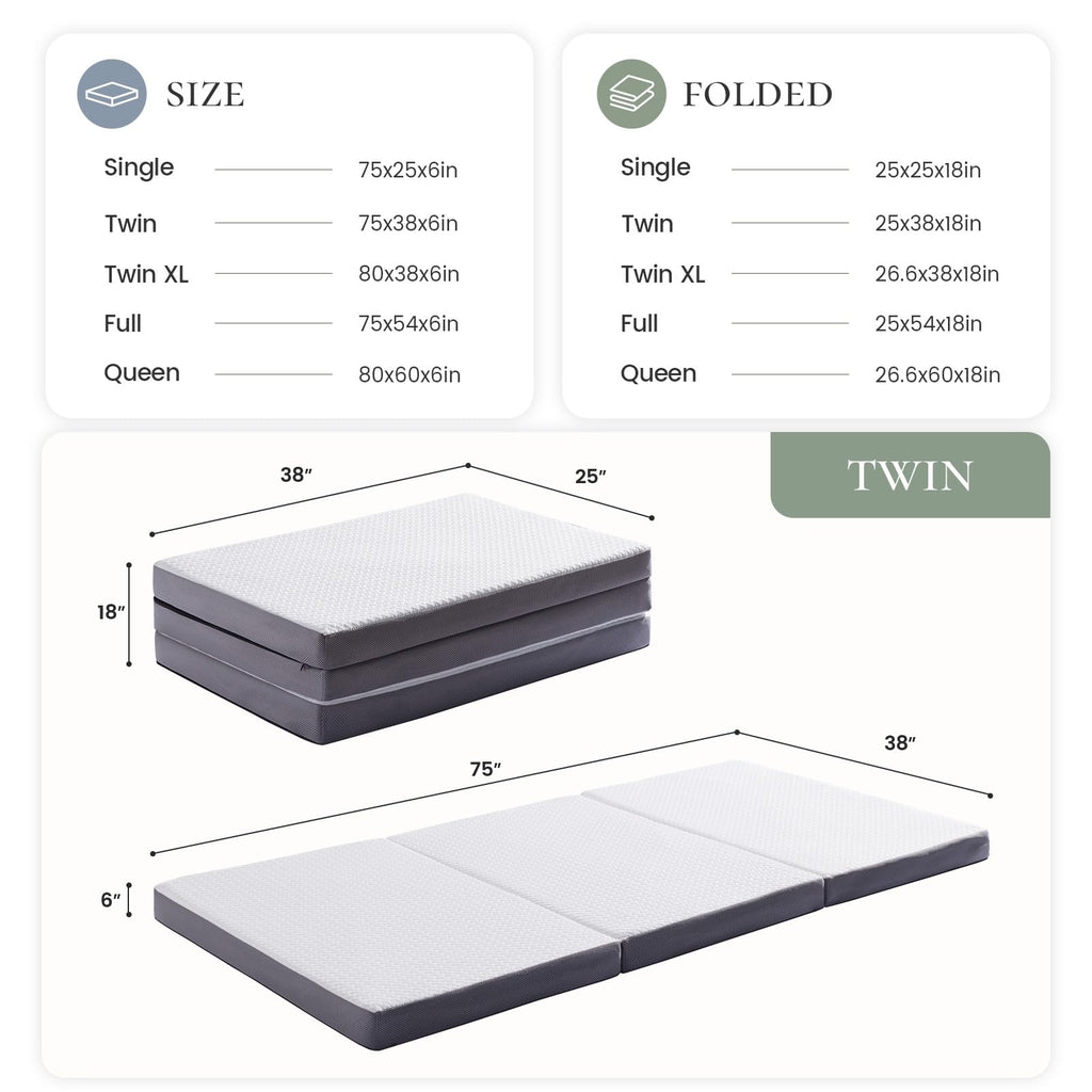 Twin Trifold Memory Foam Mattress with Washable Cover H915
