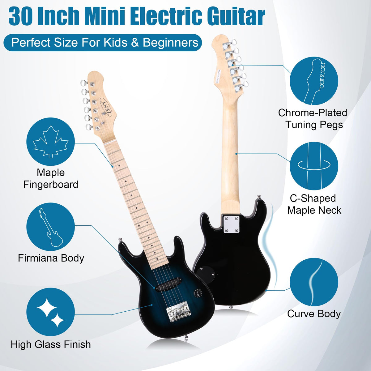 30 inch Kids Electric Guitar with 5w Amp, Gig Bag, Strap, Cable, Strings and Picks, Blue Z523346